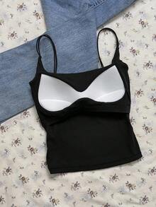 SHEIN Attitoon Bộ đồ hai mảnh cỡ nhỏ, kiểu dáng tối giản, màu đen và xám, áo hai dây có đệm, phù hợp cho mùa xuân/hè, đa năng. - màu đen - Xem 7