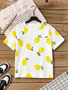 少女三件套数码条纹樱桃、柠檬、草莓印花短袖套装，休闲舒适，时尚百搭，适合春夏穿着，可用于户外活动、野餐、街头摄影、度假、送礼，四季皆宜日常休闲穿着。 - 彩色 - 查看 4