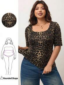 Plus Size Women Leopard Print Crew Neck Short Sleeve T-Shirt, Suitable For Summer, Music Festivals, Vacation Parties - Multicolor - View 1