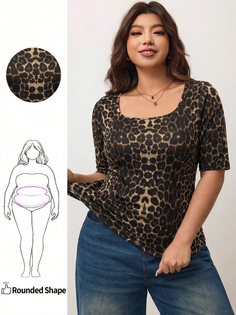 Plus Size Women Leopard Print Crew Neck Short Sleeve T-Shirt, Suitable For Summer, Music Festivals, Vacation Parties - Multicolor - View 1