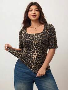 Plus Size Women Leopard Print Crew Neck Short Sleeve T-Shirt, Suitable For Summer, Music Festivals, Vacation Parties - Multicolor - View 6