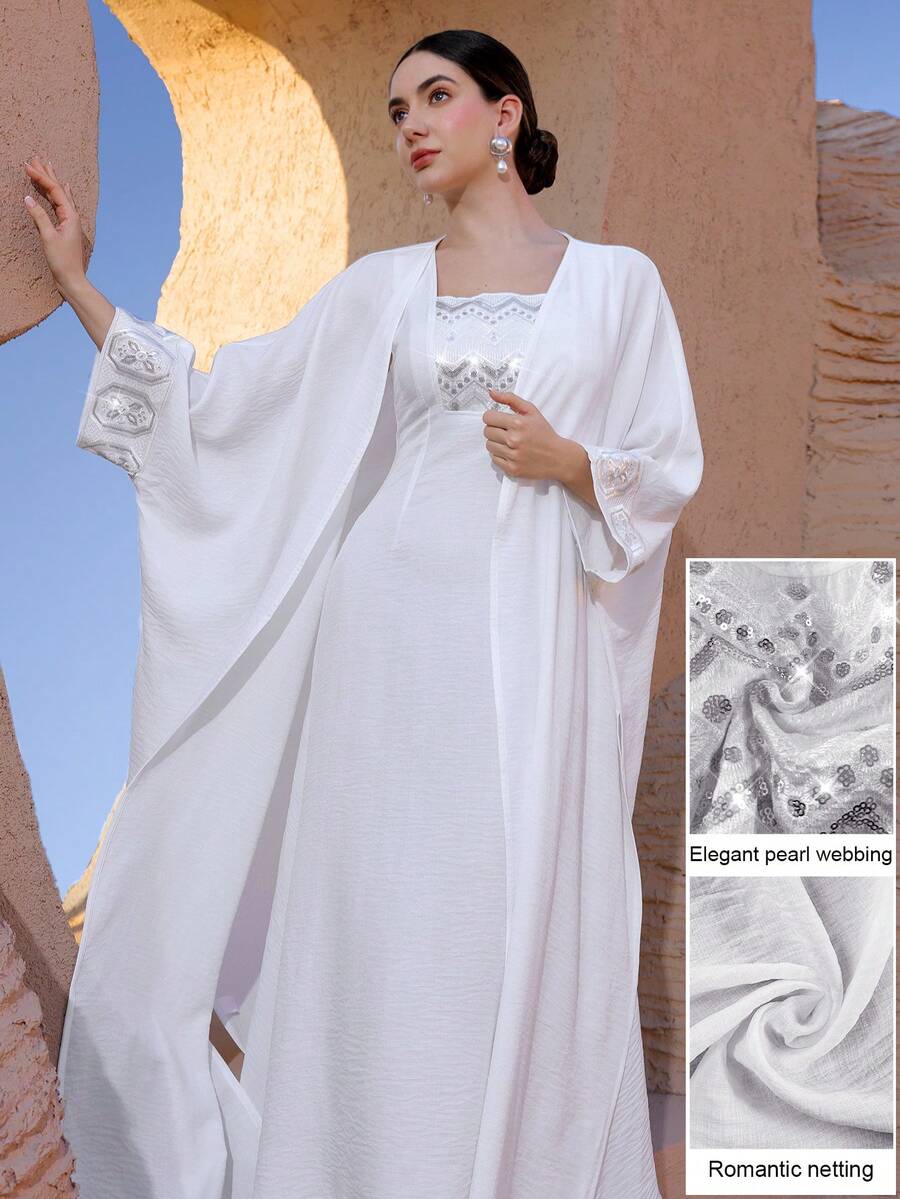 Graceveil Women's Elegant Sequin Patchwork Square Neck Sleeveless Waist Dress And Long Sleeve Robe Arabic Style Set Kaftan Summer Dresses Elegant Cover Up For Dress Linen Beach Cover Up Beach Wear Women Cover Up Kaftan Dress For Women Arabic Style