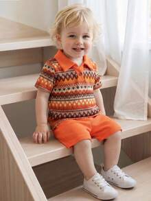 SHEIN Baby Boy Burnt Orange Summmer Boho Vacation Outfit,Textured Geometric Pattern Polo Shirt And Shorts Set,Retro Streetwear Casual Short Sleeve Clothes - Orange - View 6