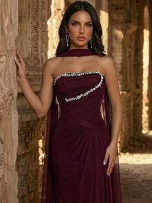 Glamrae Elegant Wine Red High-Stretch Mesh Strapless Dress,Pearl & Diamond Waist Decor Ruched A-Line Fishtail Skirt With Detachable Halter For Wedding,Formal - Burgundy - View 1