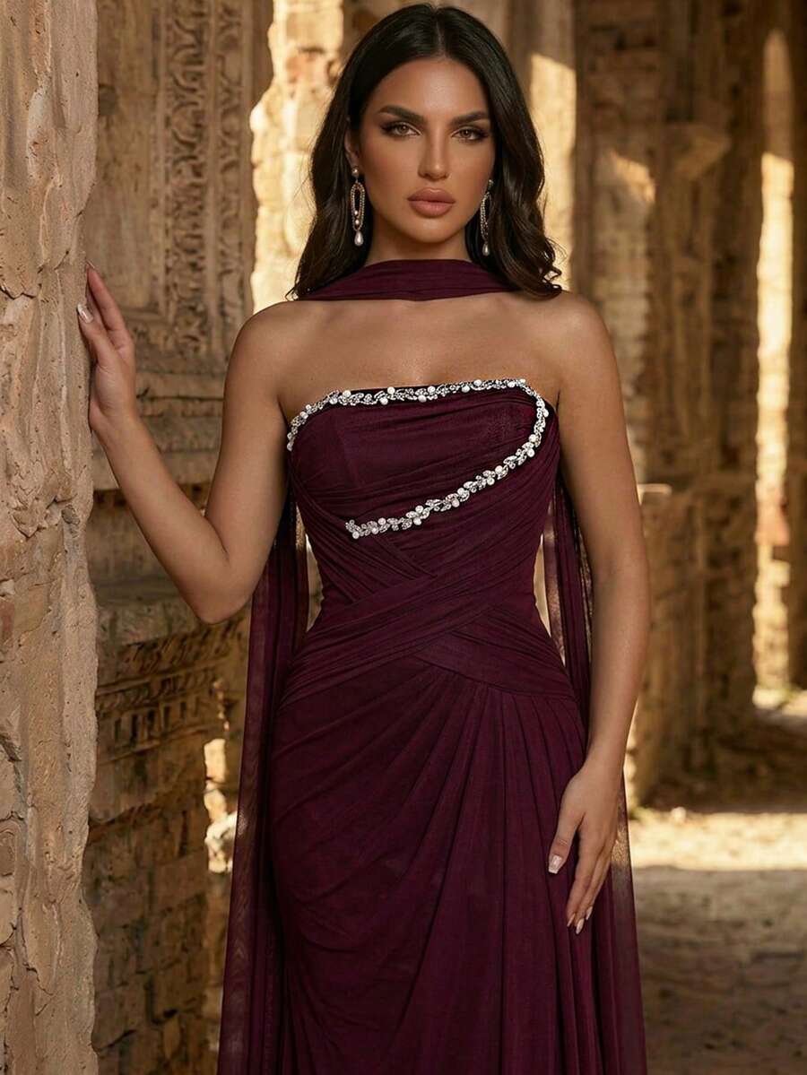 Glamrae Elegant Wine Red High-Stretch Mesh Strapless Dress,Pearl & Diamond Waist Decor Ruched A-Line Fishtail Skirt With Detachable Halter For Wedding,Formal - Burgundy - View 1
