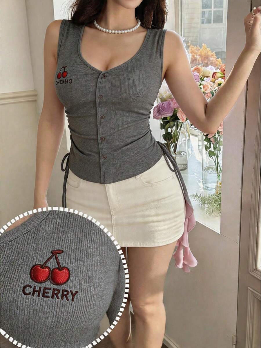 Feyla 女士休闲樱桃刺绣纽扣前开襟背心，夏季