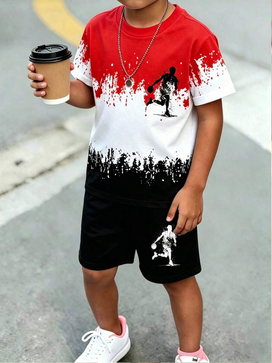 Bộ 2 món cho bé trai tuổi teen, gồm áo thun ngắn tay cổ tròn và quần short in hình vận động viên chạy bộ màu đỏ trắng đen, kiểu dáng thường ngày thời trang, họa tiết ngộ nghĩnh, trang phục thể thao mùa hè ngoài trời, chất liệu mềm mại và thoải mái, phù hợp cho trẻ em mặc trong các hoạt động ngoài trời. - Nhiều màu - Xem 1