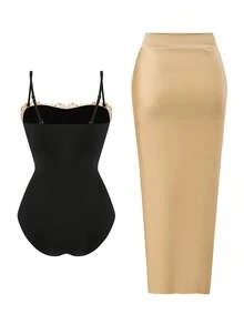 Swim Oasis Spring/Summer New One-Piece Swimsuit, Black With Gold 3D Floral Decor Monokini And Gold Shiny Nylon Fabric Side Tie Maxi Skirt 2-Piece High-End Set, OASIS, Suitable For Beach, Swimming Pool, Resort, Party - Multicolor - View 2
