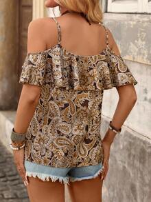 Brillora Women's Brown Summer Boho Elegant Holiday Paisley Print Ruffle Trim Top Spaghetti Strap Cold Open Shoulder Vintage Fashion Beach Vacation - Brown - View 2