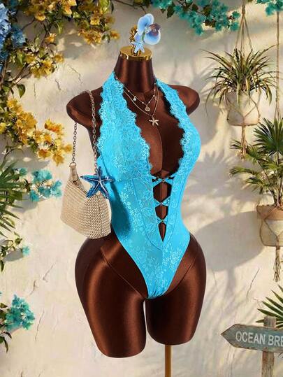 Amplova Women's Lace Patchwork Halter Tie-Up Sexy Versatile Bodysuit For Dates & Outings