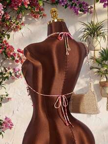 Amplova Boho Floral Halter Top For Women, Summer Holiday Vacation Spaghetti Strap 3D Backless Amber Stone Charming Beach Party - Multicolor - View 10