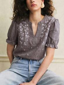 Women's Casual Embroidered Notched Neck Short Sleeve Blouse - Khaki - View 1