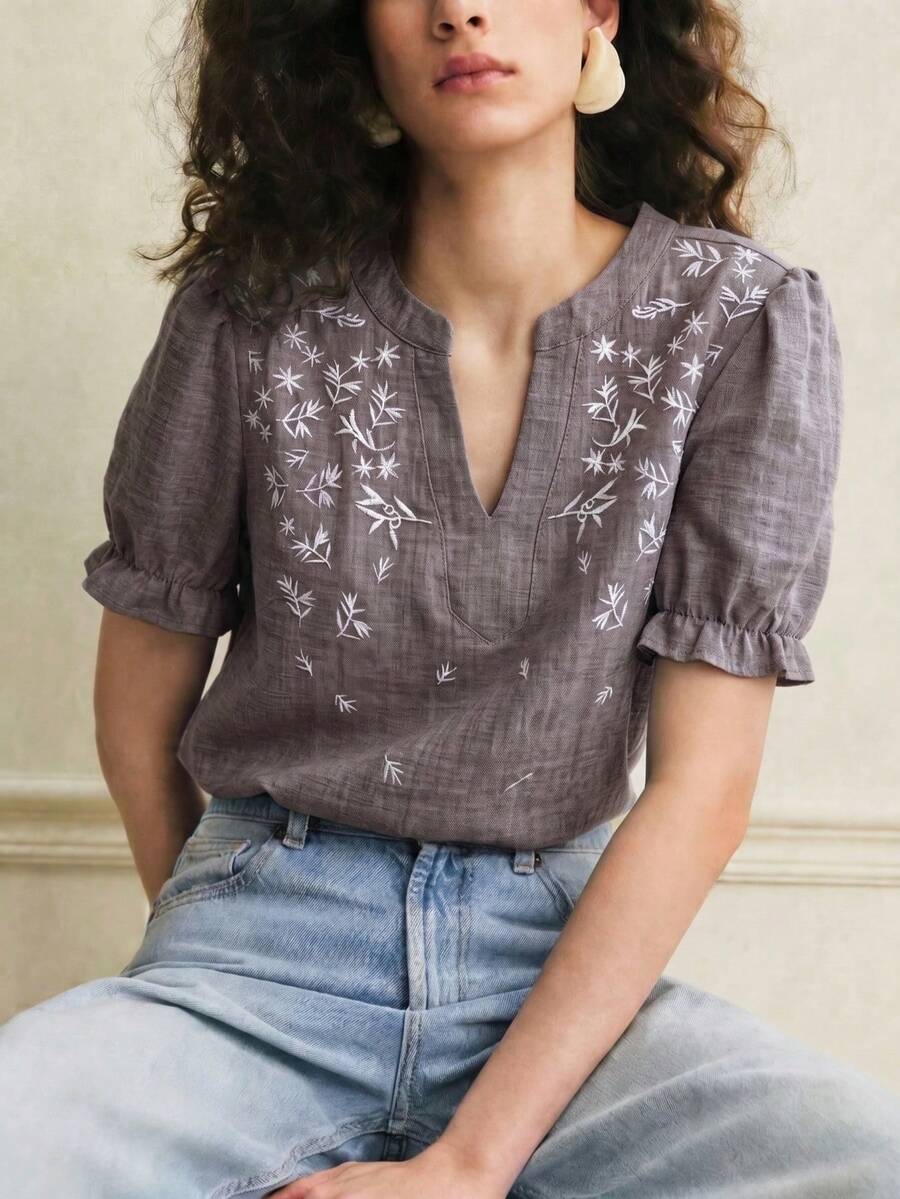 Women's Casual Embroidered Notched Neck Short Sleeve Blouse - Khaki - View 1