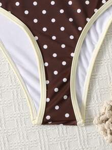 SHEIN Teen Girls Vintage Brown With White Polka Dot Print Cute Cake Ruffle Halter Low Waist Bikini Set, Summer Style Teen Girl - Brown - View 3