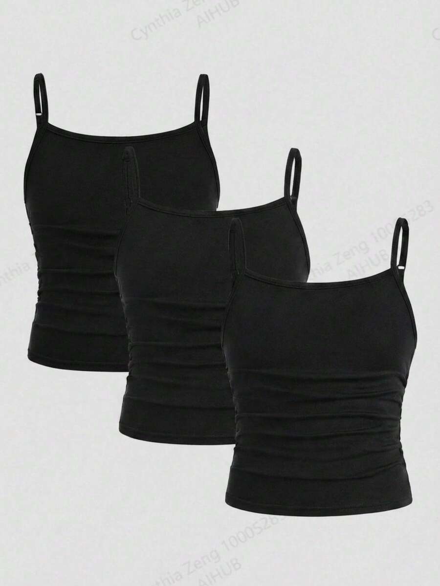 Girlism Kids 3pcs/Set Tween Girl/Tween Girls' Black Solid Color Knit Fitted Casual Camisole Tank Tops,Buy 1 Get 3 Free,Spring/Summer In Cami Pack Of - Black - View 1