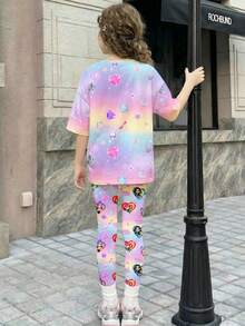 SHEIN 少女字母卡通印花T恤和打底裤休闲日常穿搭 - 彩色 - 查看 2
