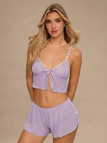 Enchnt 2pcs Floral Embroidery Decor Sheer Mesh Women's Lingerie Set - Mauve Purple - View 5