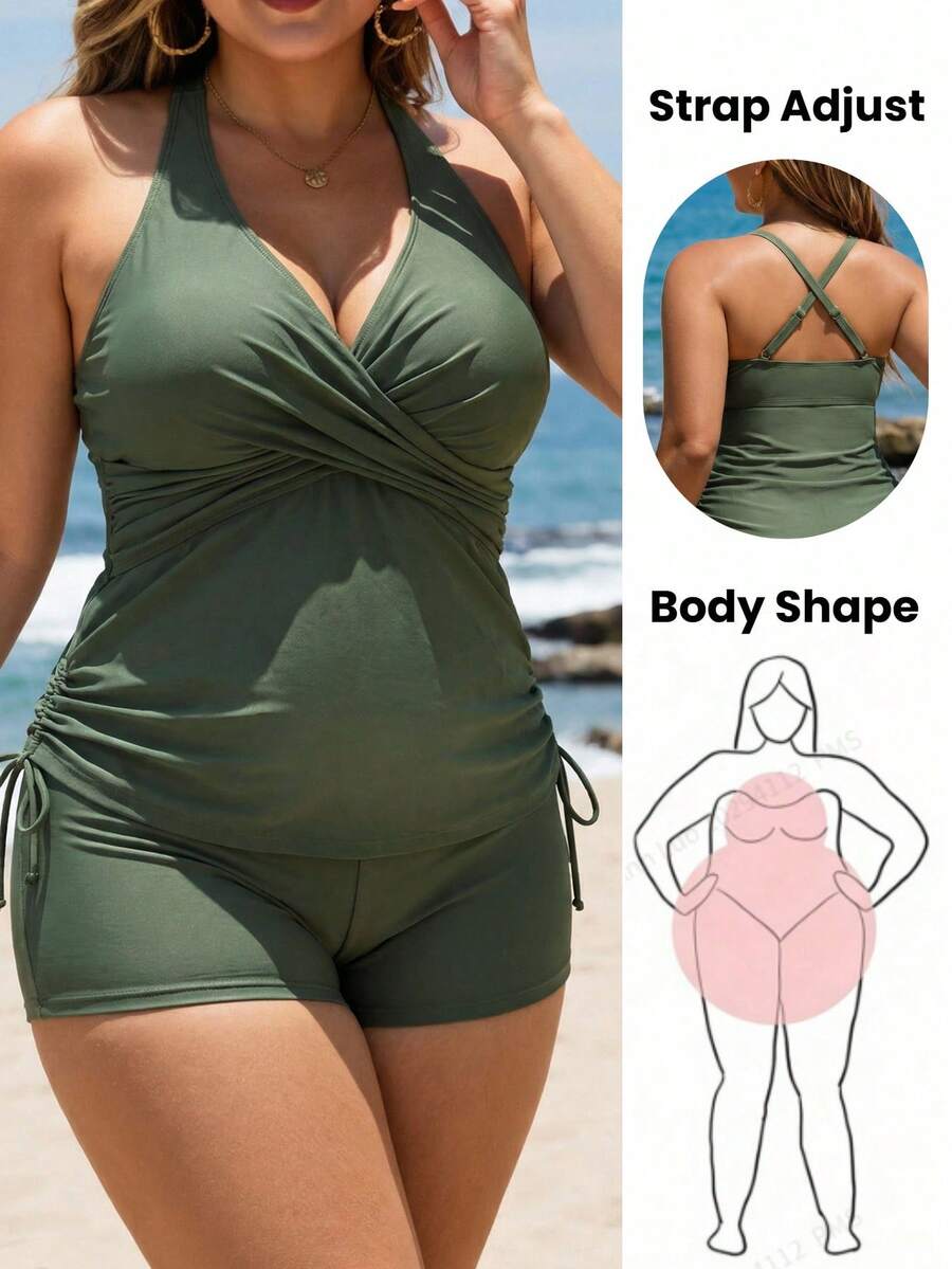 Swim Lushoire Women's Plus Size One-Piece Swimwear Halter V-Neck Tummy Control Ruched Bathing Suits,Olive Green Comfy Summer Beach Holiday Shorts Bottom Swimsuit - Army Green - View 1