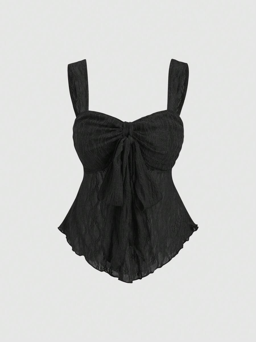 Sweetra 女士蝴蝶结纹理印花短款吊带背心 - 黑色 - 查看 1