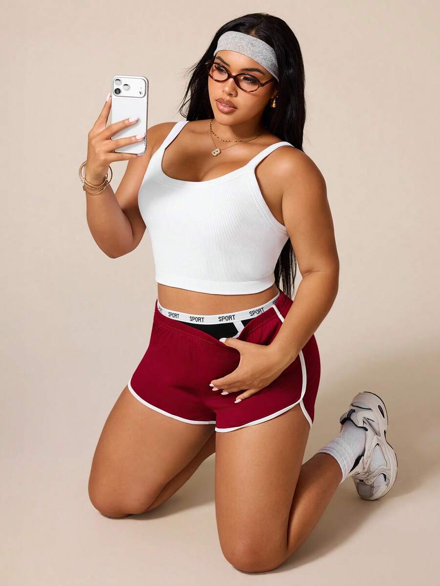 SHEIN Rhythm Era Plus Size White Curved Hem Sports T-Shirt Fitness Ribbed Shoulder Strap Top U-Neck Racerback Sports Tank Top - White - View 1
