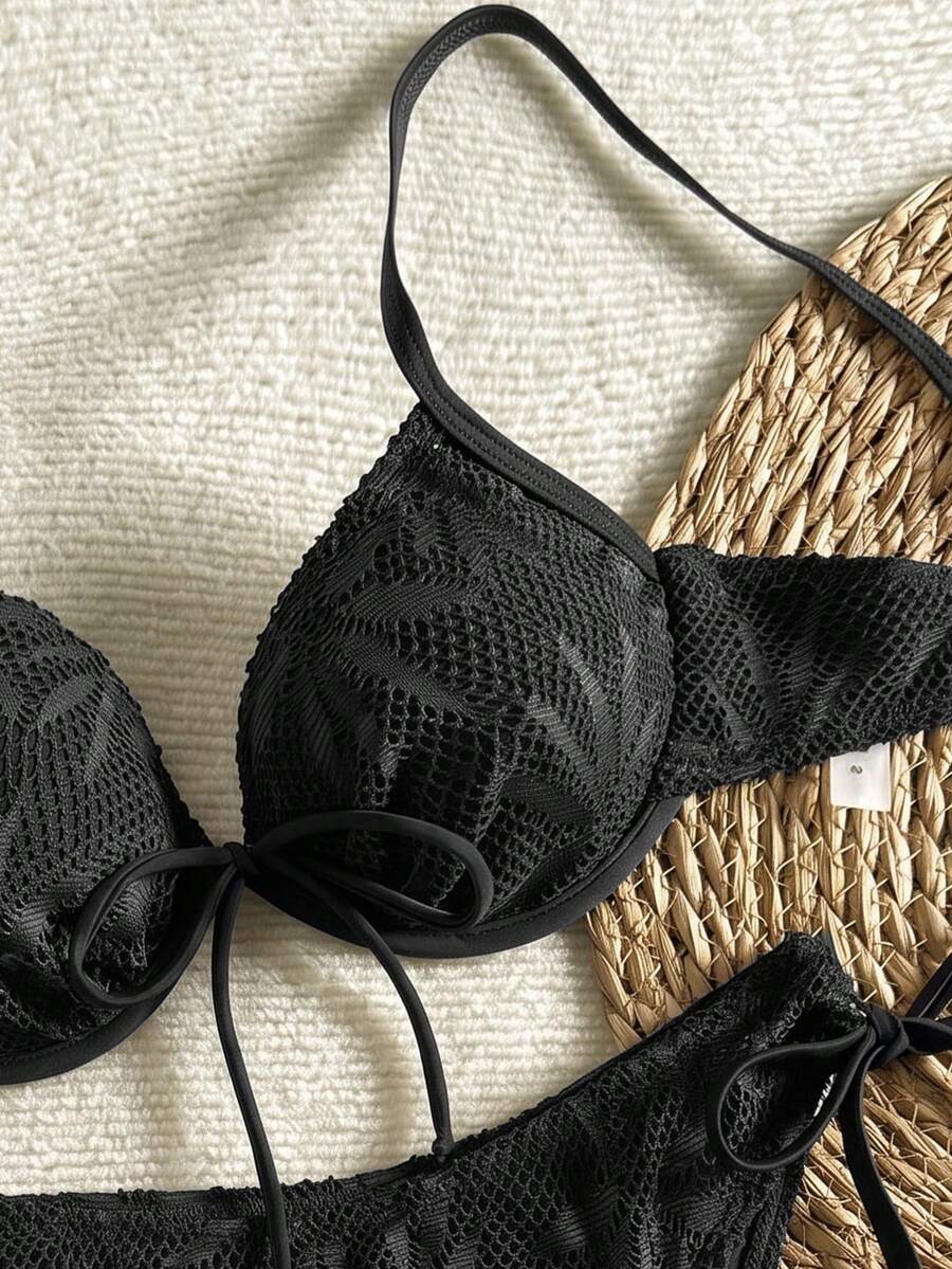 Swim Vcay Conjunto de bikini con tirantes ajustables, corte alto y espalda con cordones, con aros de acero y estampado de cuadros, adecuado para fotografía en la playa, Primavera/Verano 2026 - Negro - Ver 1