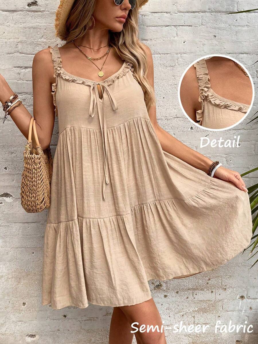 Swim Vcay Váy liền thân buộc dây không tay màu trơn đi biển mùa hè dành cho nữ - Màu Khaki - Xem 1
