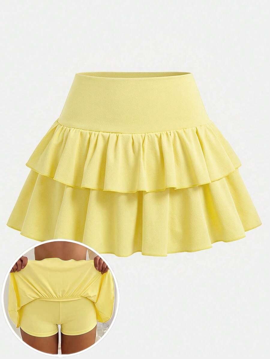 SHEIN Girlism 少女休闲、运动、上学、返校季，黑色荷叶边下摆短裤搭配伞裙，春夏装 - 黃色 - 查看 1