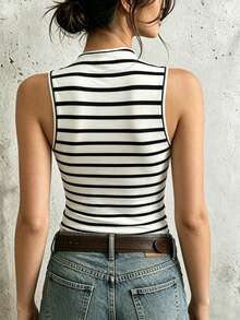 Women's Slim Fit Fashionable Striped Tank Top With Metal Decor, Summer - Black and White - View 2