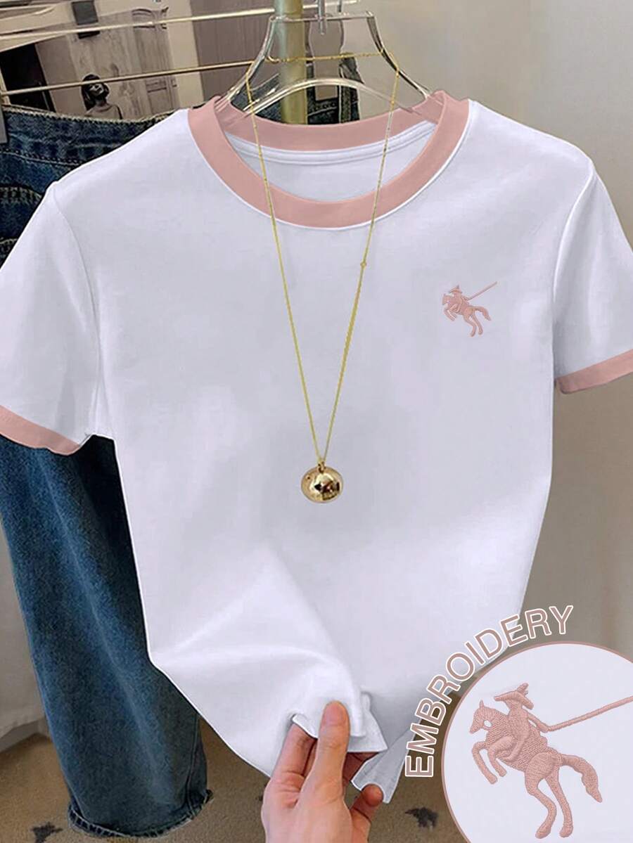 Franclia Kaos Wanita Lengan Pendek Leher Bulat Motif Ksatria Blok Warna Kasual Serbaguna untuk Pemakaian Sehari-hari - Putih - View 1