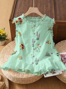 EMERY ROSE Mint Green,Summer,Cottage Core Cottagecore,Holiday,Tea Party Vacation,Holiday Ditsy Floral Ruffled Hem Blouse,Unique Sleeveless  Ruffle Trim Casual - Mint Green - View 6