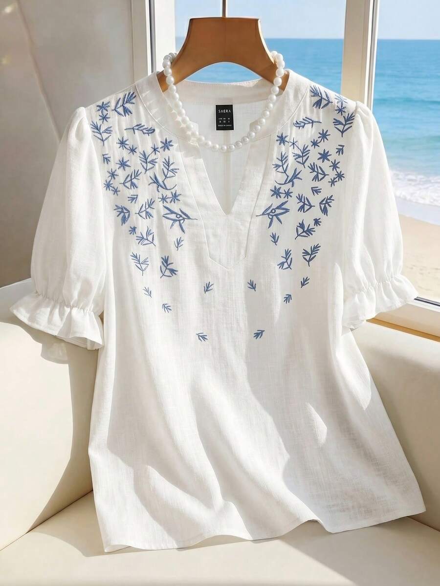 SHEIN Franclia 女士翻领常规肩短袖碎花宽松休闲衬衫,夏季 - 白色 - 查看 1