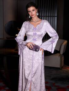 Al Najma V-Neck Flare Sleeve Bow Tie Side Cinched Waist Maxi Dress, Spring/Summer - Multicolor - View 7