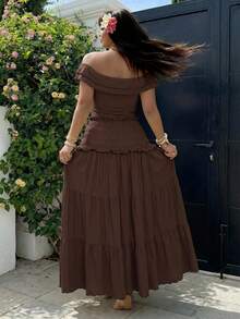 GalTyme Brown 2 Pieces Basic Outfit Set, Suitable For Summer Casual, Vacation, Commute, Plus Size - Brown - View 2