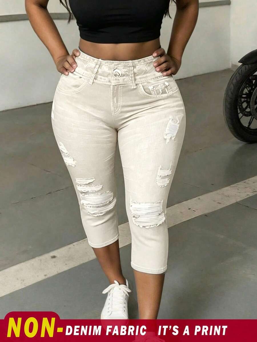 INAWLY Plus Size Women Fashion Versatile Denim Effect Print Ripped Zipper Skinny 3/4 Leggings - Black - View 1
