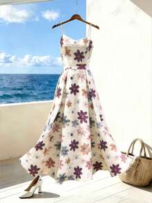 Franclia 女士标准尺码夏季连衣裙，吊带V领印花连衣裙，适合夏季假期、情人节、派对、婚礼、毕业典礼等场合，优雅大方，休闲正装皆宜。 - 杏色 - 查看 3