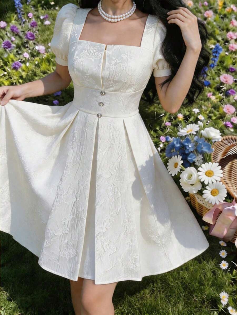 Feyla 女士提花方领花瓣袖优雅短裙 - 杏色 - 查看 1