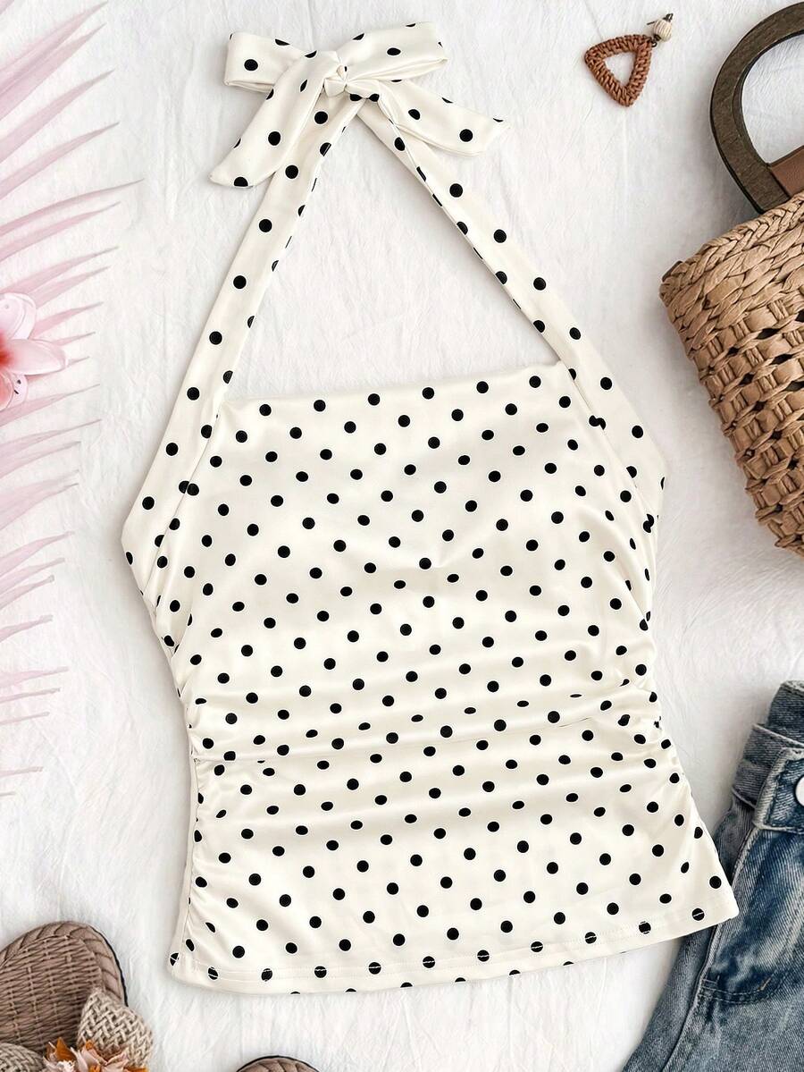 SHEIN Teen Girl/Teen Girls' Apricot Polka Dot Halter Backless Floral Print Ruched Camisole, Suitable For Summer, Versatile Daily Wear - Apricot - View 1