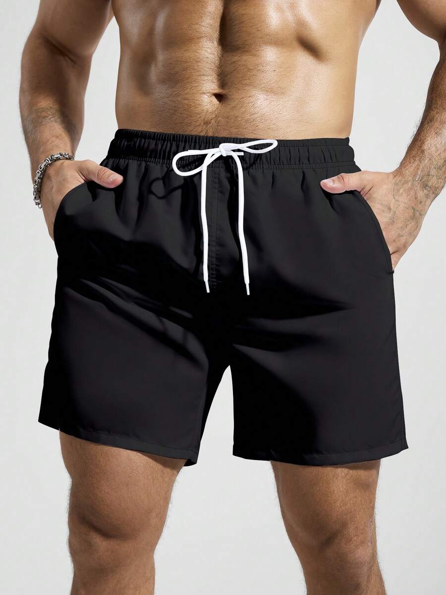 Palasendo Plus Size Men's Solid Color Drawstring Waist Slant Pocket Beach Shorts, Summer - Black - View 1