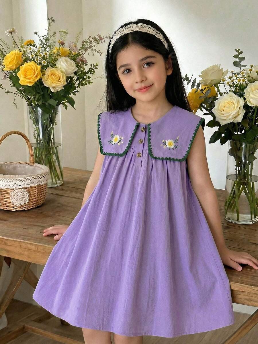 SHEIN Girls' Pastoral Floral Embroidered Dress,Peter Pan Ruffle Collar Puff Sleeve Contrast Color Fairy Summer Dress For Party,Blue Butterfly,Versatile - Mauve Purple - View 1