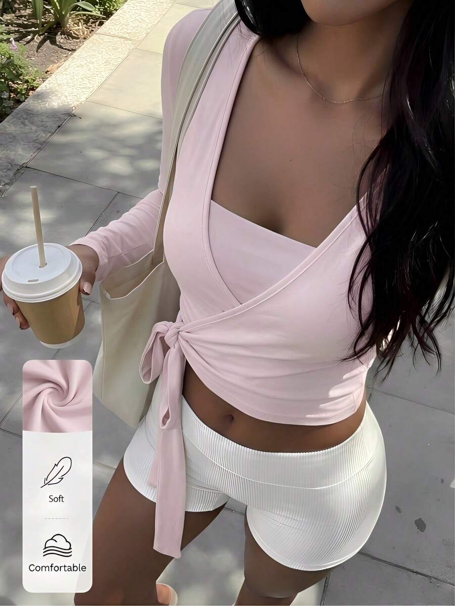 FavEase Pink Yoga Fitness Sports Highly Elastic Soft Wrap V-Neck Long Sleeve Cropped Tight T-Shirt, Fashion Minimalist Casual Elegant All-Match Wardrobe Essential Design For Women, Spring/Autumn - Baby Pink - View 1