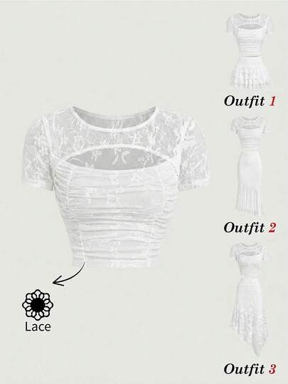 SHEIN MOD Women's Fashion Lace Embroidered Sheer Casual T-Shirt, Suitable For Dates And Travel,Summer Top