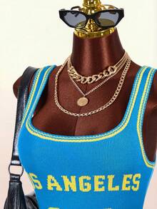Bumpella Contrast Color Number Graphic Mini Bodycon Dress, Crew Neck, Streetwear Style - Blue - View 5