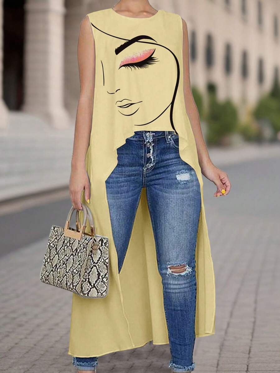 SHEIN Kemeja Wanita Tanpa Lengan Model A-Line dengan Motif Wajah Abstrak, Bagian Depan Pendek, Belakang Panjang - Kuning - View 1