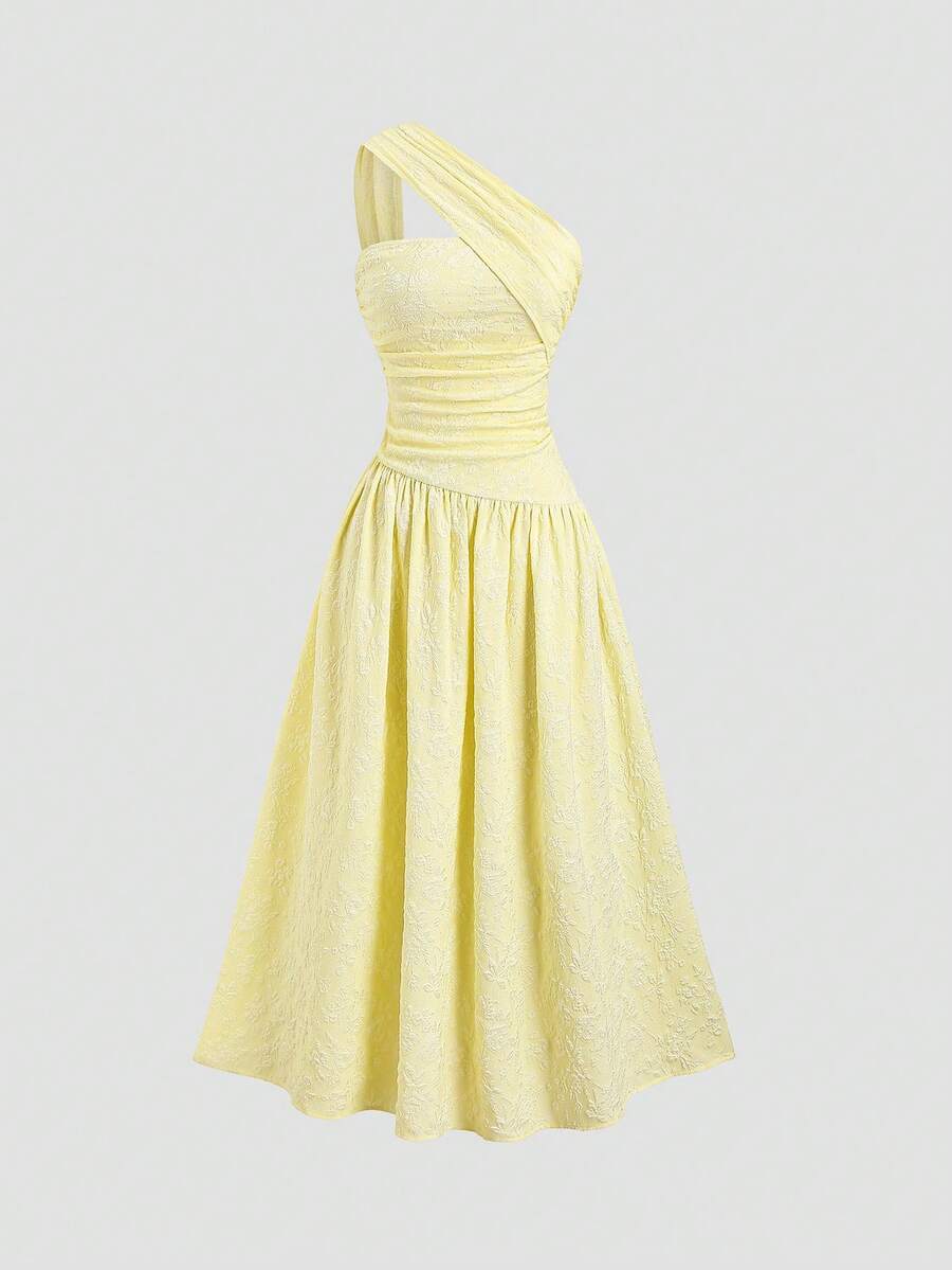 SHEIN Sweetro Đầm dài nữ màu kem bơ họa tiết jacquard, mẫu mới về mùa xuân/hè, kiểu dáng nhẹ nhàng, lệch vai, xếp ly, ôm eo, dáng suông. - Màu vàng - Xem 1