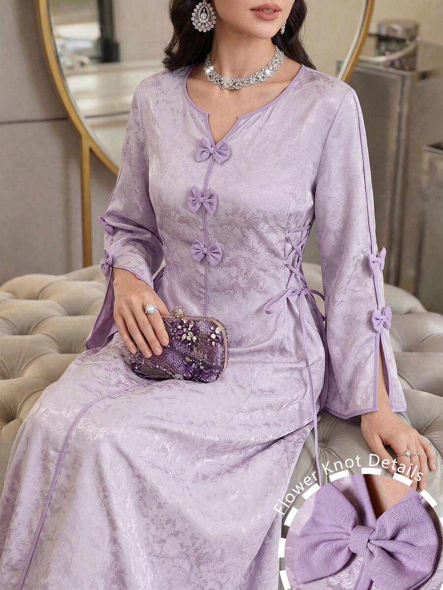 Al Najma V-Neck Flare Sleeve Bow Tie Side Cinched Waist Maxi Dress, Spring/Summer - Multicolor - View 1