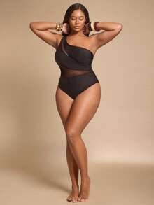 SHEIN BAE Plus Size Women Summer Beach Vacation Solid Color Splice Mesh One-Piece Swimsuit - Black - View 5