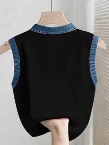 Resyla Women's Fashion Denim Effect Print Button Half-Placket Minimalist Camisole - Multicolor - View 2