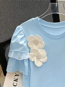 INAWLY Plus Size Women Casual Elegant 3D Floral T-Shirt Tea Party Light Blue Summer - Blue - View 4