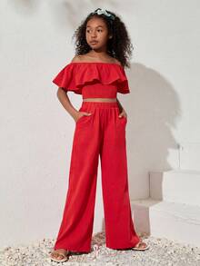 SHEIN 少女休闲纯色露肩短款上衣和阔腿裤套装，春夏款 - 紅色 - 查看 4