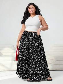SHEIN EZwear 大码女式休闲纯色连体衣和碎花迷你裙两件套，春夏款 - 黑與白 - 查看 3